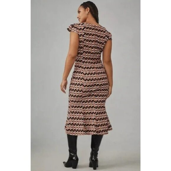 Anthropologie Cecily Fit & Flare Brown Multi Chevron Ruffle-Sleeve Midi Dress XL - Picture 2 of 12